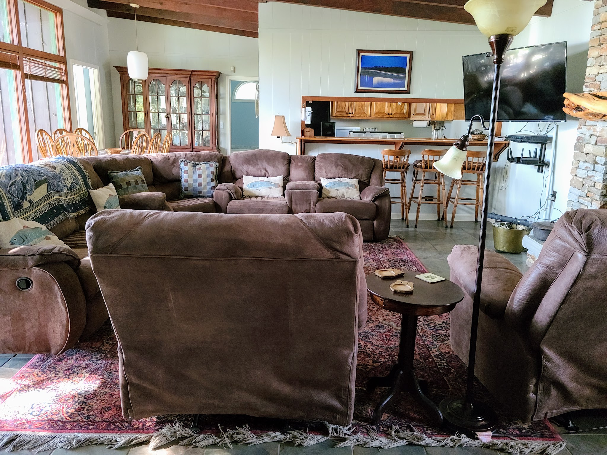 Open living room and kitchen bar at Guntersville Getaway small group lake house retreat